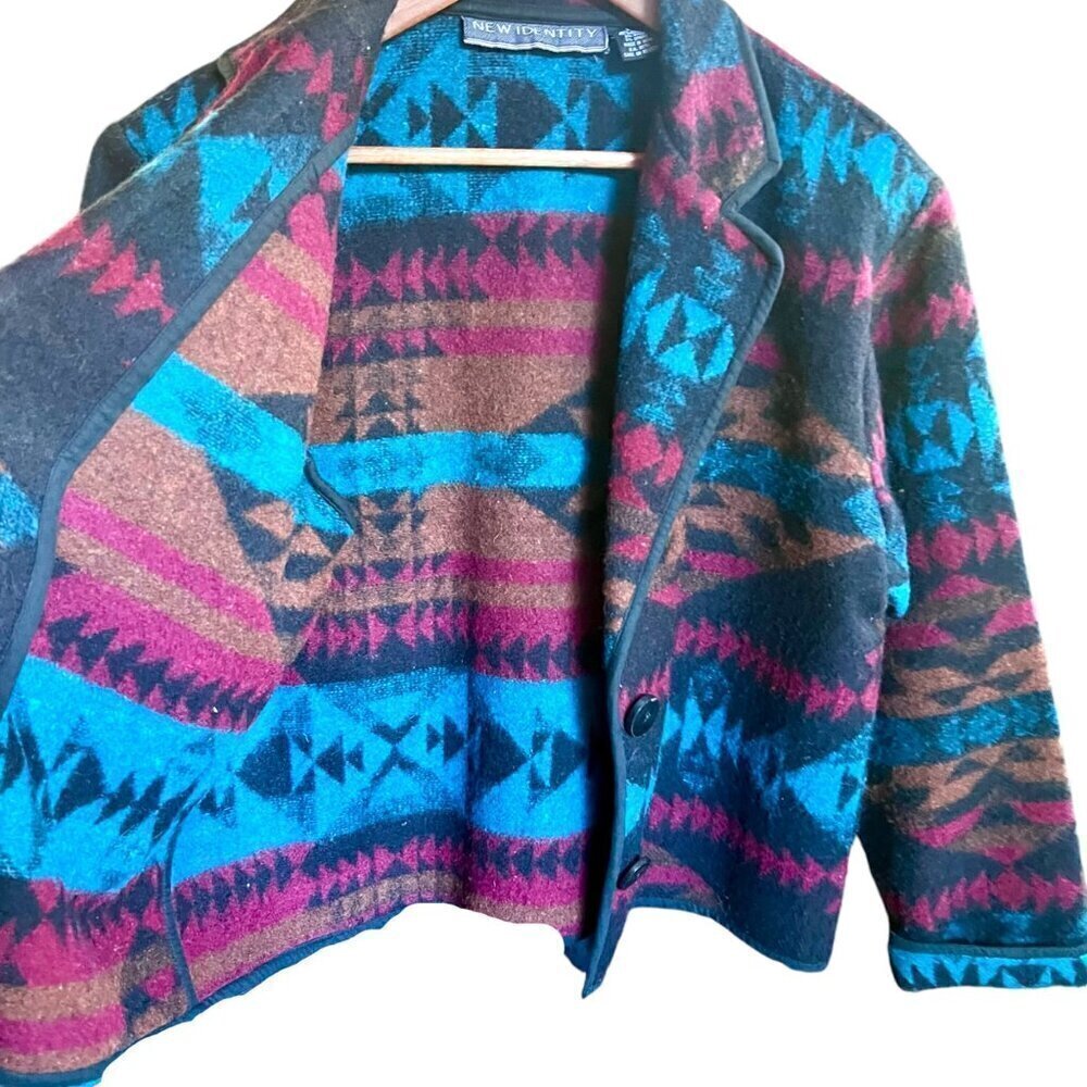 VTG Southwestern Navajo Aztec Wool Blend Jacket Blazer Short Teal Brown Black L - Picture 8 of 14